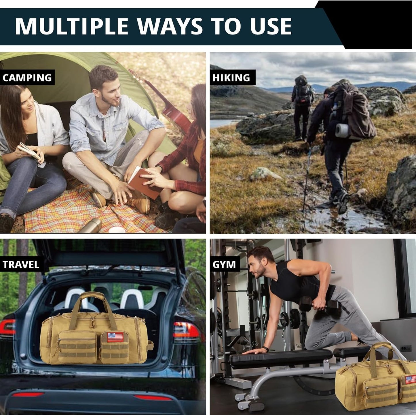 Tactical Gym Bag for Men，70L Large 3 in 1 Sports Duffle Bag with Shoes Compartment for Travel,Water Resistant Travel Backpack Weekender Overnight Bag with Wet Pocket for Women