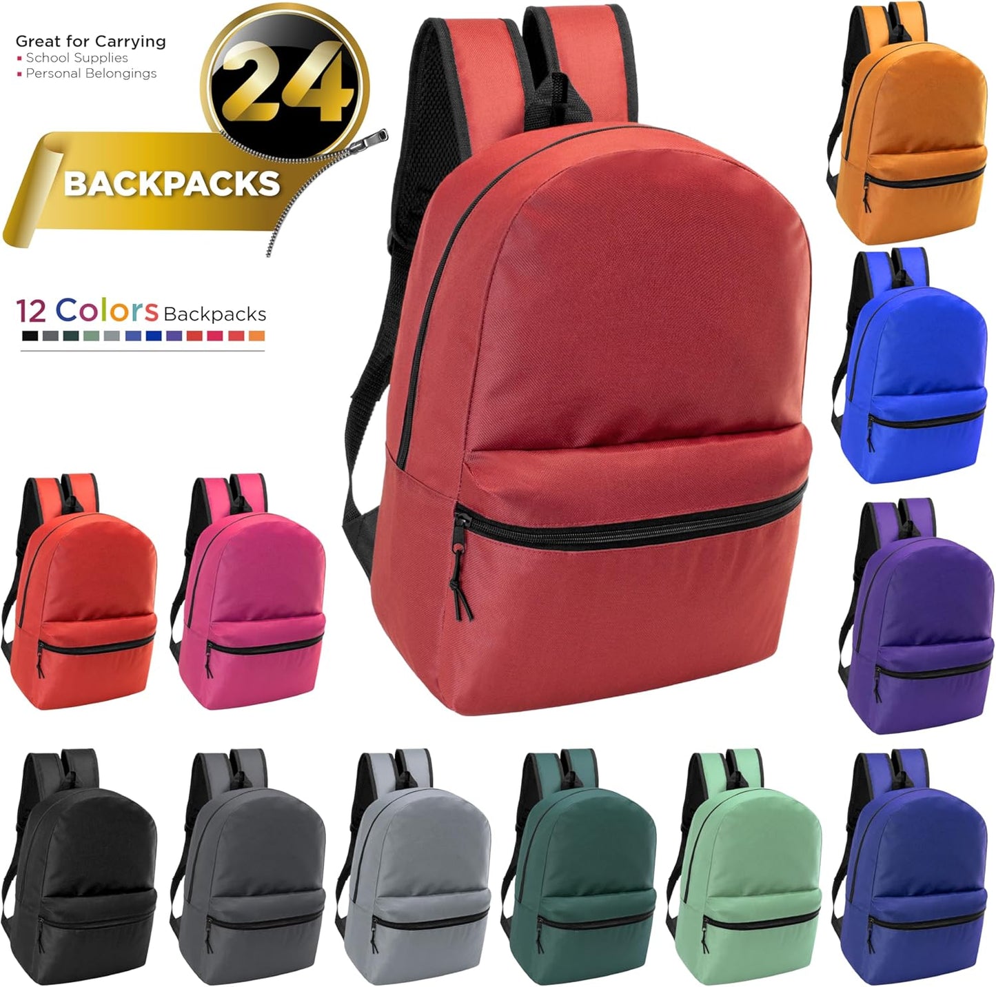 17" School Backpacks for Kids - Backpacks in Bulk for Elementary, Middle, and High School Students in Assorted Colors