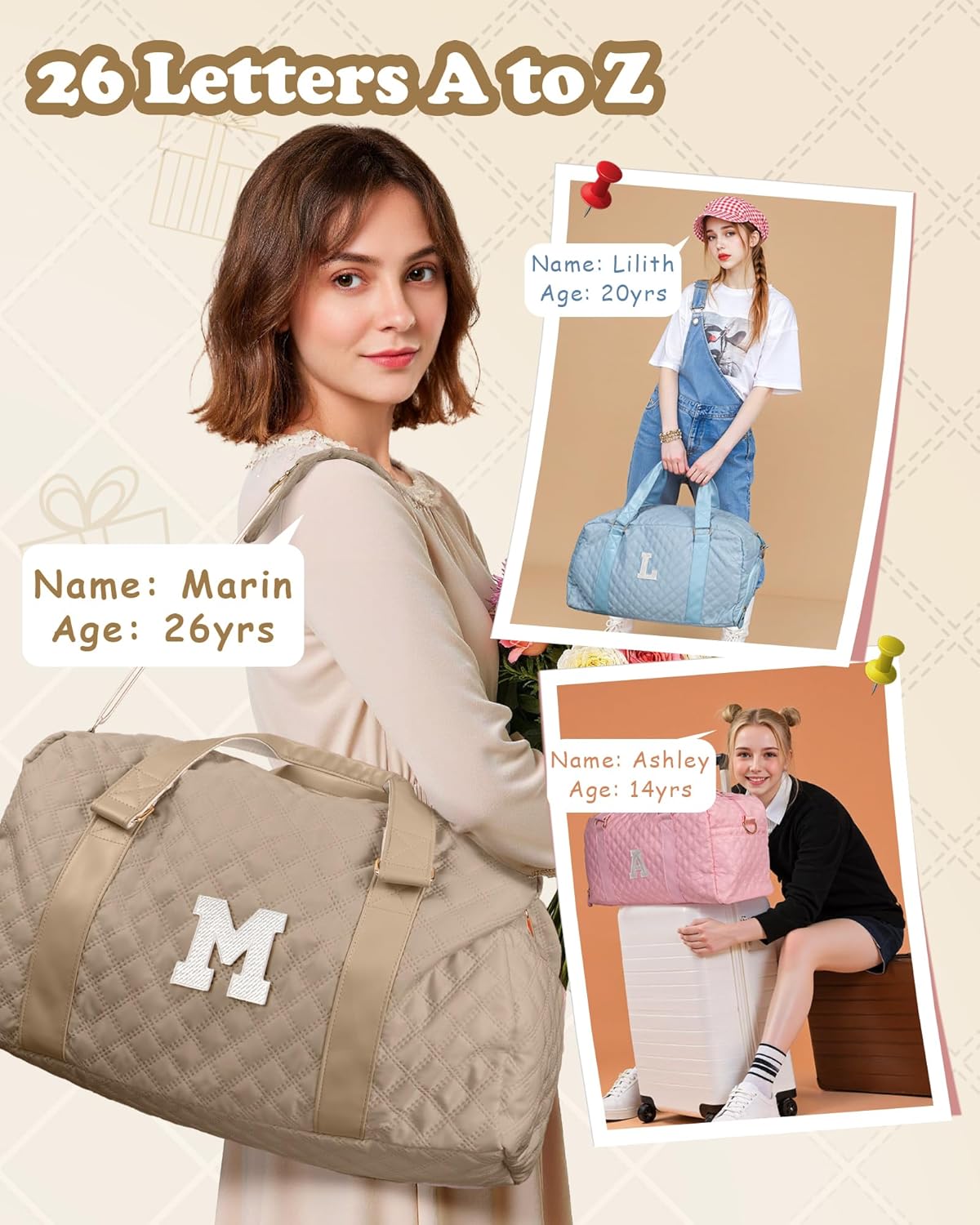 Initial Duffle Bag for Travel Women Girls Gift: Personalized Weekender bags, Dance Cheer bag Sports for Girl, Kid Gymnastics Bags, Birthday Gifts for Women Girls Kids Teens Mom Teacher