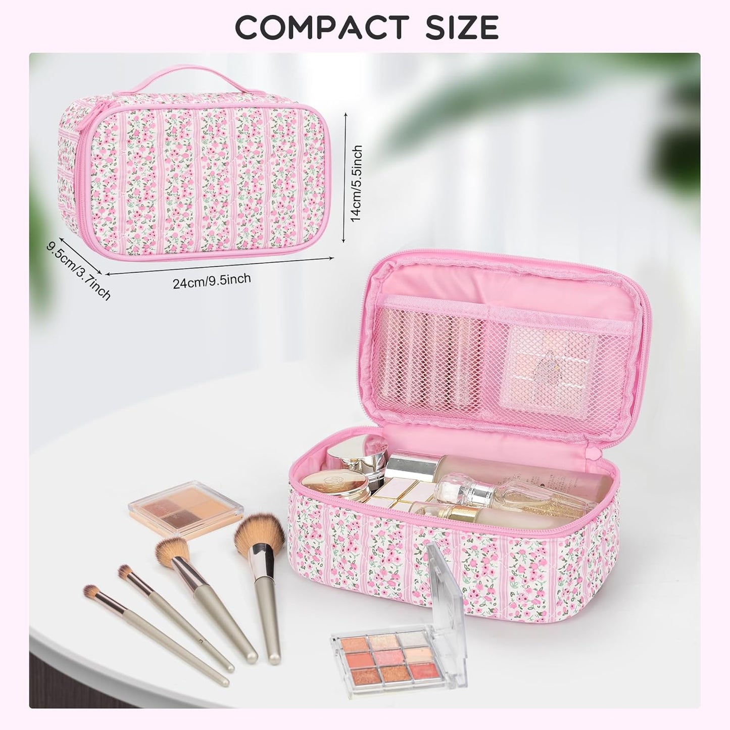 Relavel Cute Makeup Bag for Girls, Portable Pink Cosmetic Bag, Dual-layer Makeup Pouch with Brush Holder, Multi-Functional Preppy Toiletry Organizer for Travel, Daily Use - Pink Flower