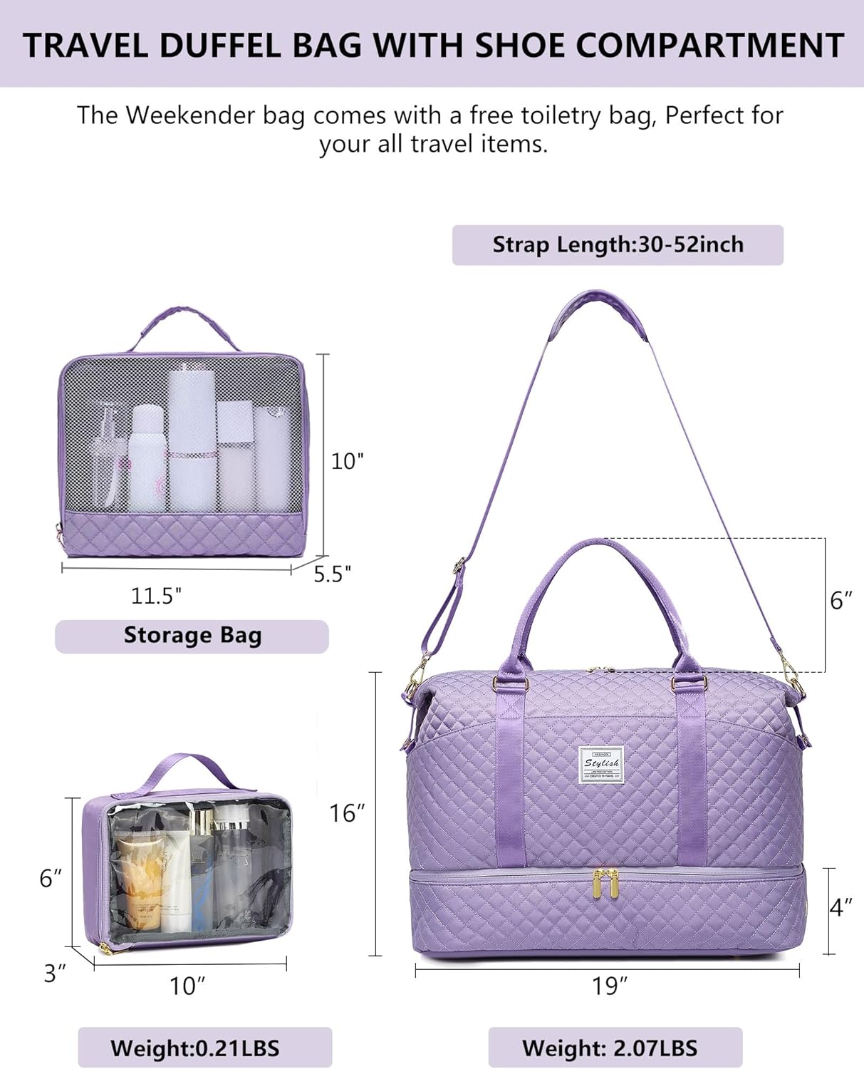 Weekender Bags for Women Duffle Bag - Travel Duffel Bag with Shoe Compartmen Carry on Overnight Bag Gym Duffel Bag with Wet Pocket Hospital Bags for Labor and Delivery Purple