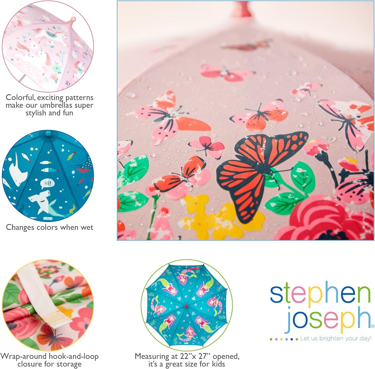 Stephen Joseph Kids' Color Changing Wet Dry Umbrella, Water reacting, Pinch Free Umbrellas for Rain Children's Umbrella, BUTTERFLY, 23"X29