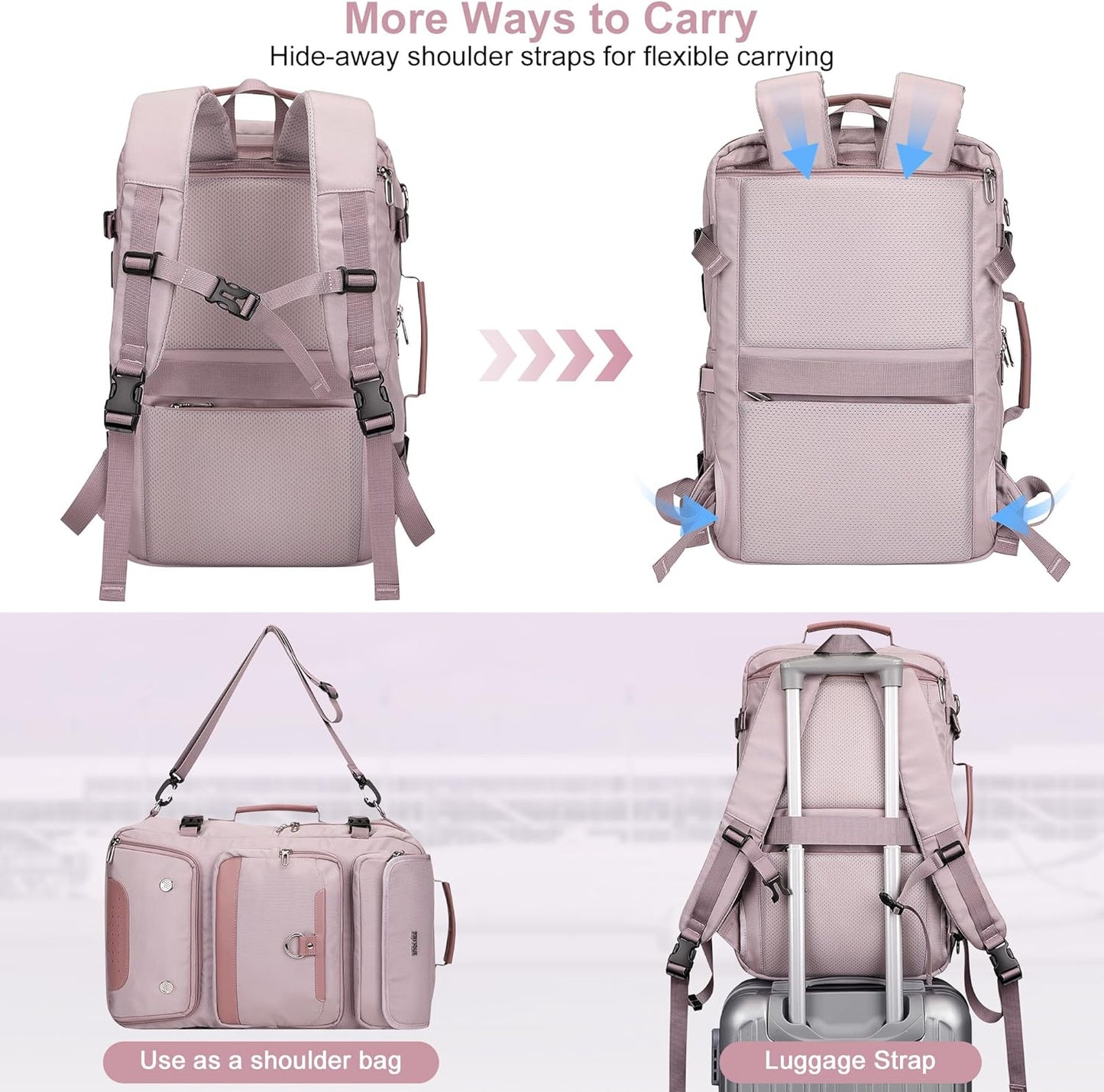 PIJUSHI Carry on Travel Backpack for Women Convertible Duffel Bag Backpack Large Luggage Rucksack Fit 16 Inch Laptop(PE039 Light Purple)