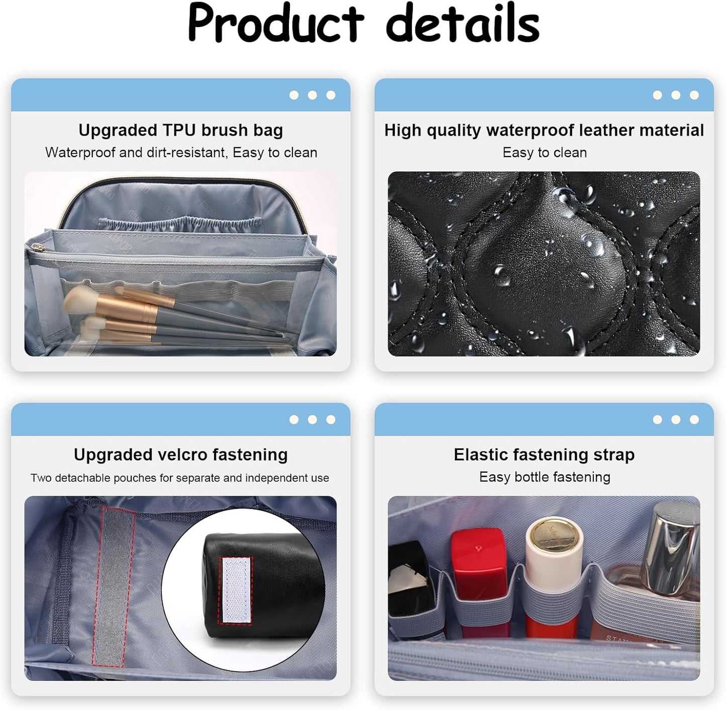 BOYATU Travel Makeup Bags for Women Cosmetic Bag: Puffy Make up Bags Set of 3 - Vegan Leather Makeup Organizer - Waterproof Large Toiletry Bag with Compartments - Travel Essentials (H-1-Black)