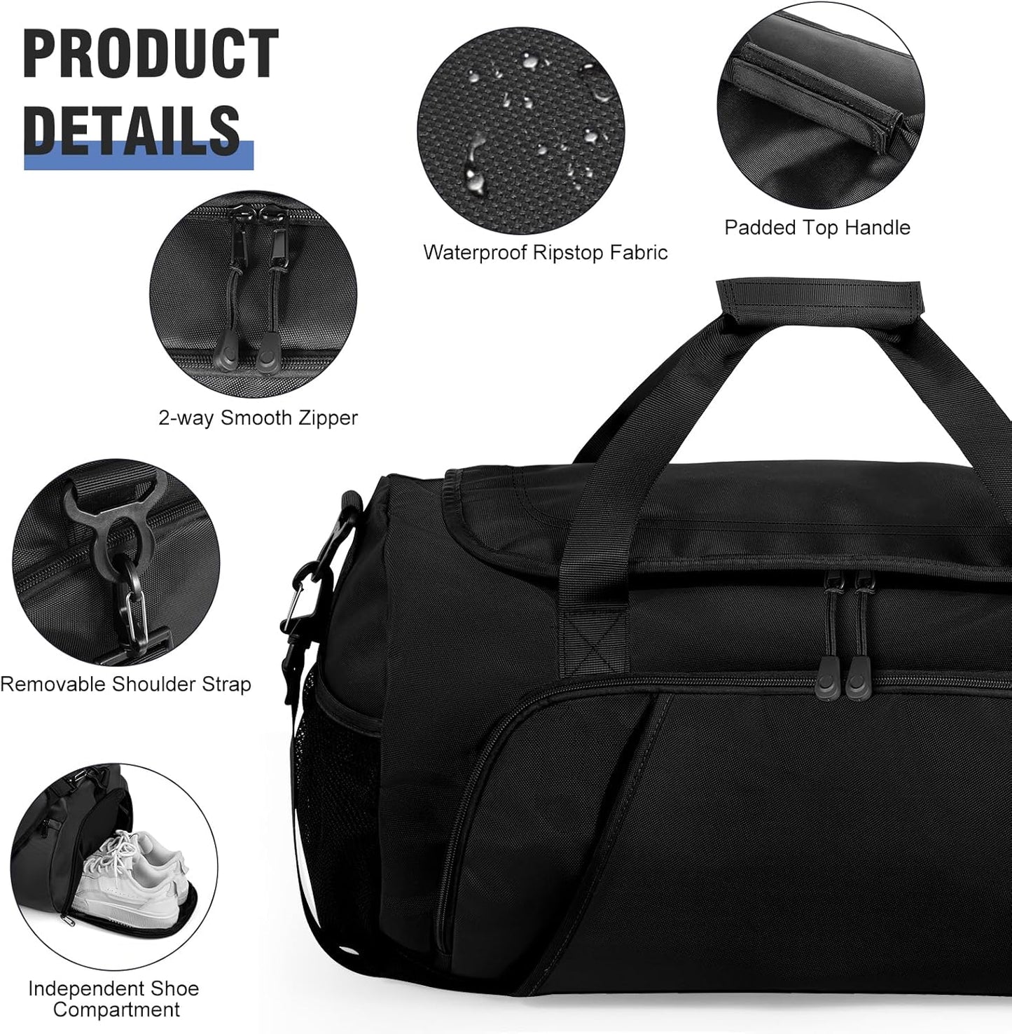 Gym Bag for Men Women With Shoe Compartment & Wet PocketWater Resistant Sports Gym Bag 、shoulder bag、messenger bag Carry On Duffel Bag forWeekend Overnight Traveling (black)