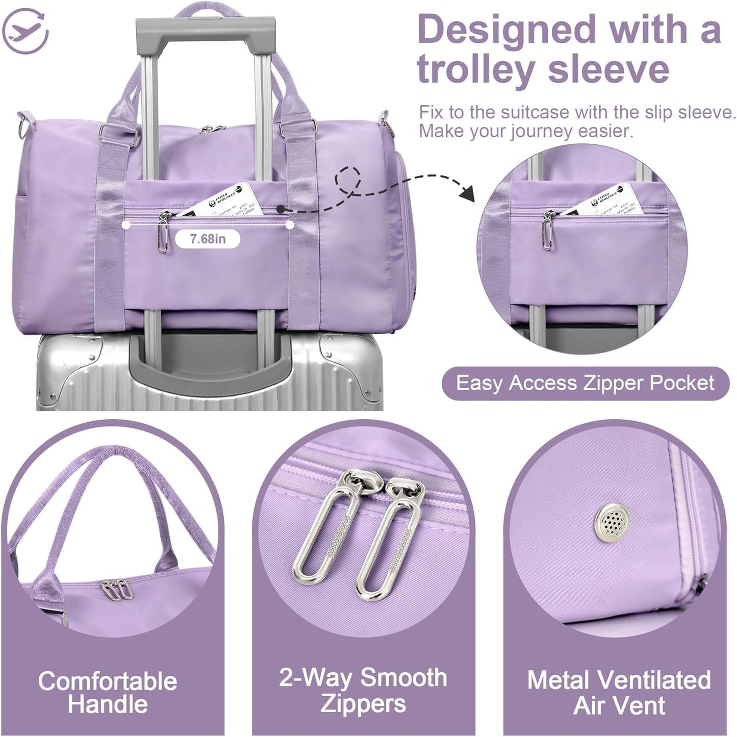 FIORETTO Womens Gym Tote Duffle Bag with Wet Pocket & Shoe Compartment, Sports Duffel Overnight Weekender Hospital Workout Carry on Bag for Girls, Ideal for Travel, Swimming, Dance, Ballet Purple