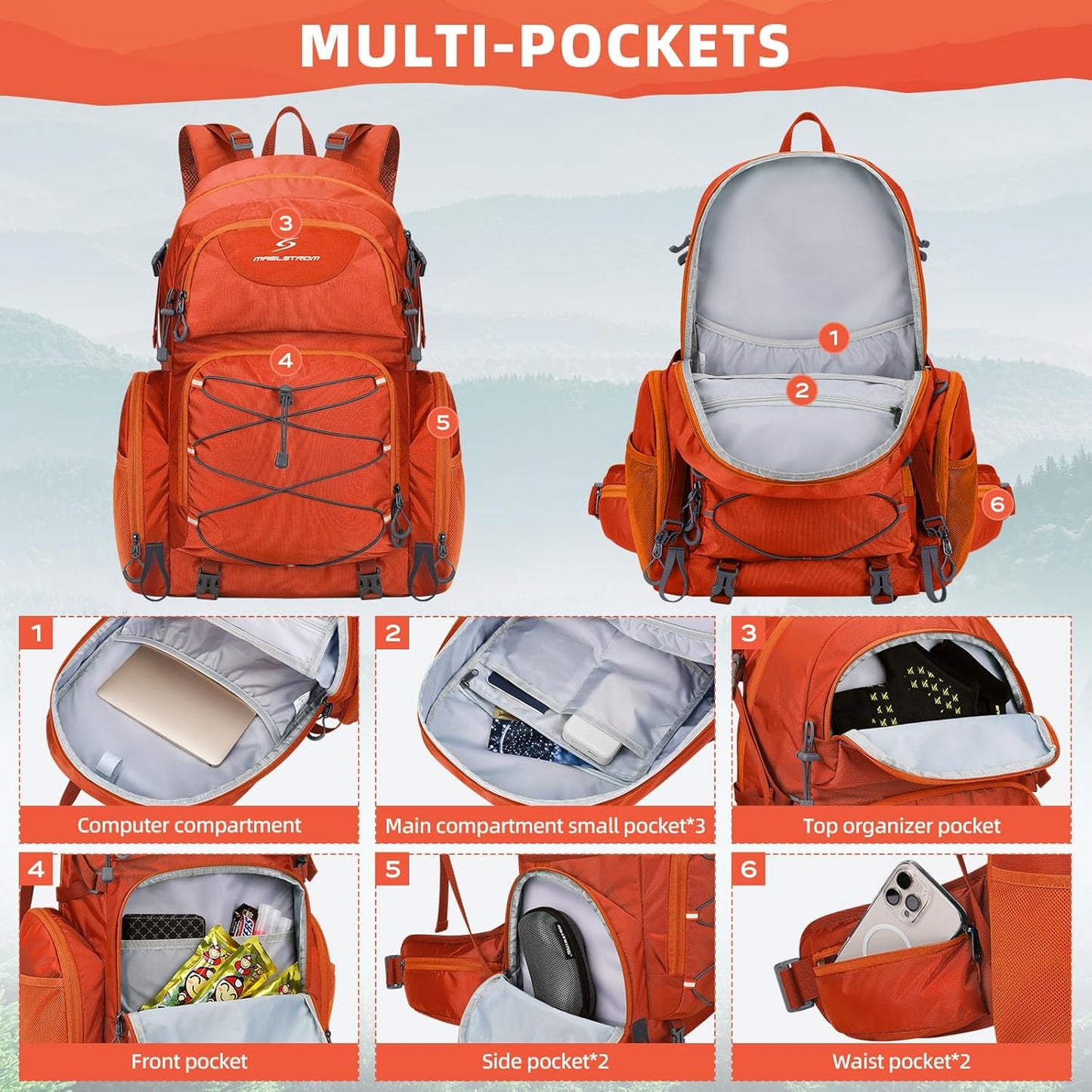 Maelstrom Hiking Backpack, 40L Waterproof Camping Daypack for Men and Women, Lightweight Travel Pack with Rain Cover-Orange