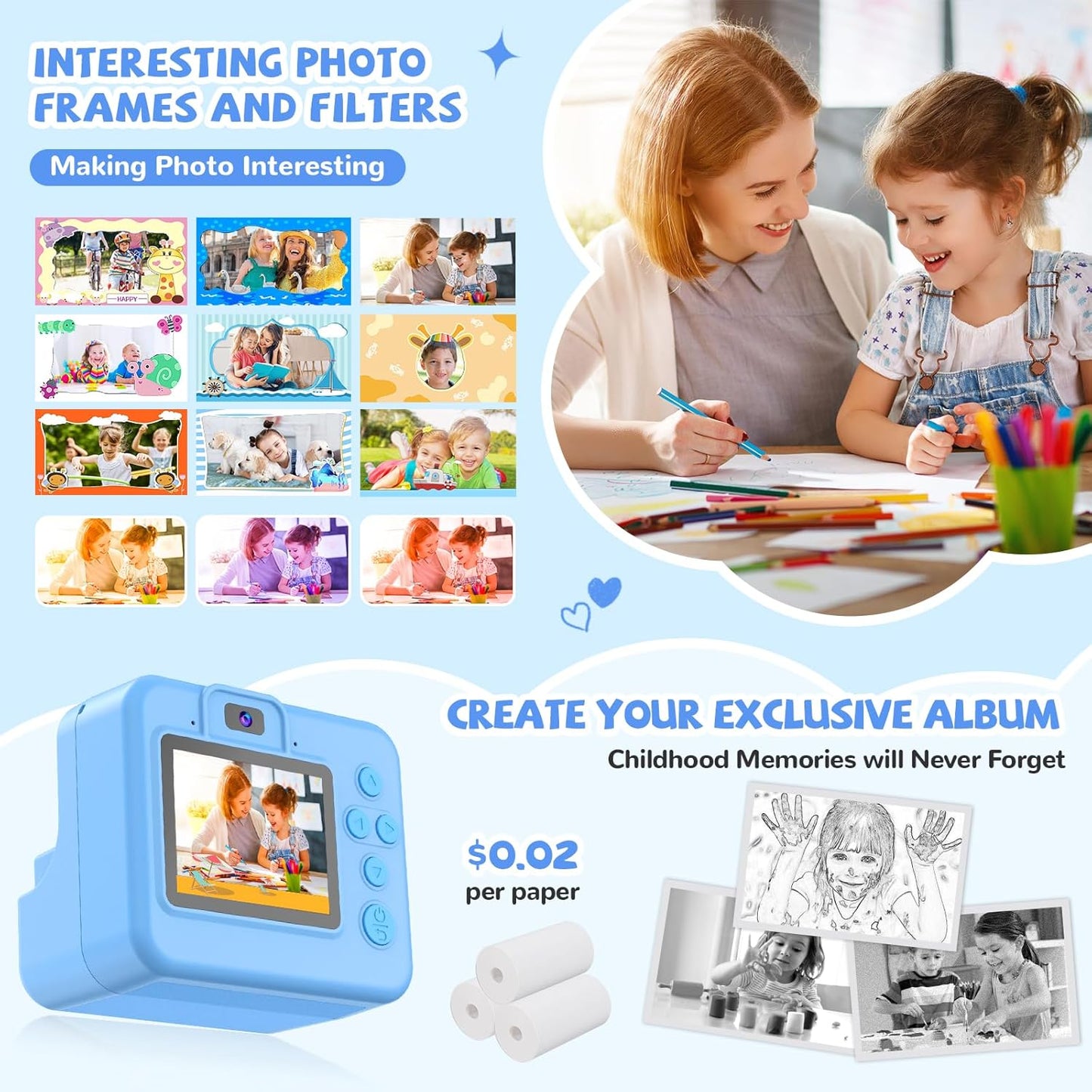 Instant Print Camera for Kids - Christmas Birthday Girls Boys Gifts for Age 3 4 5 6 7 8 9 10 Year Old, 2.4 Inch Screen Kids Instant Camera, Kid Digital Video Dual Cameras with 32 GB SD Card
