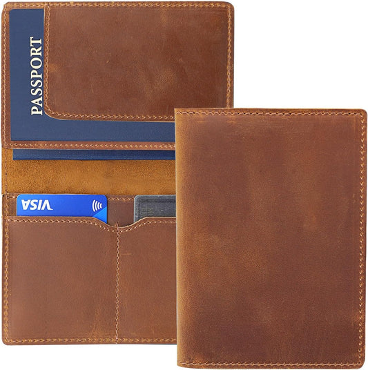 Leather Passport Holder with Travel Wallet, Genuine Leather Passport Cover- Passport Wallet, Leather Folding Wallet for Passports (Straight Cut, Brown)