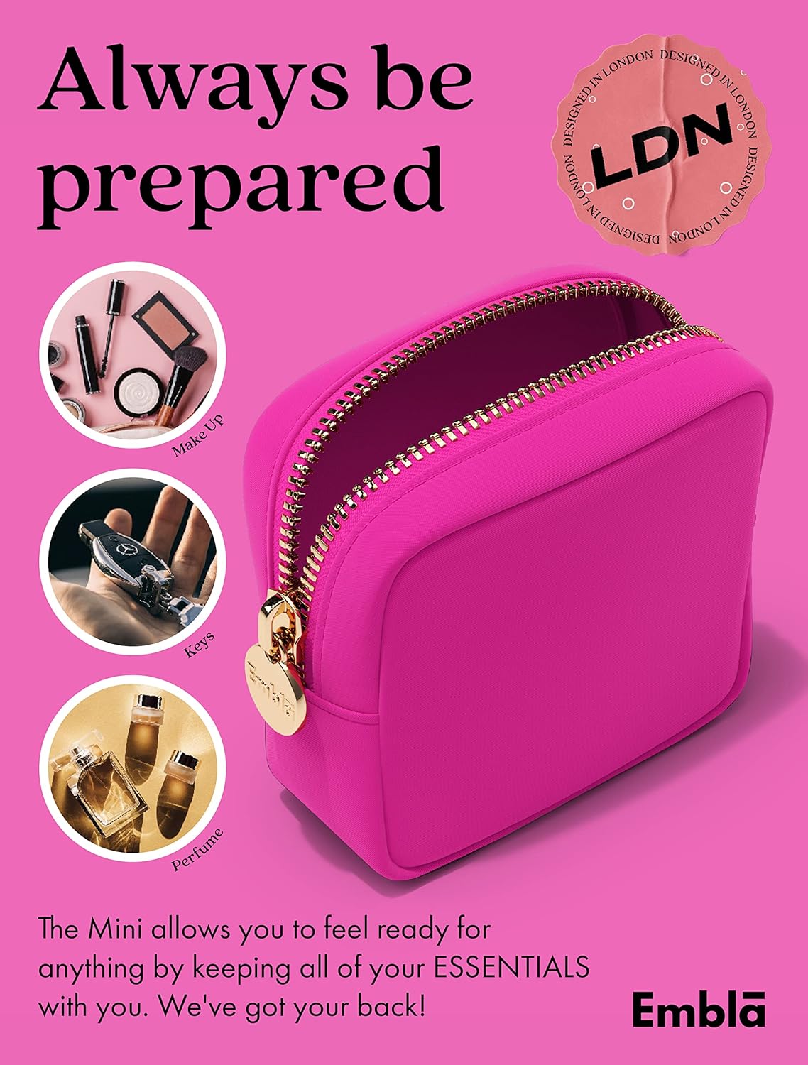 Embla Makeup Bag Travel Cosmetics Pouch and Toiletry Bag, Nylon Zipper Pouch Purse, Cute Make Up Organizer Storage Tote for Women Girls, Waterproof Travel Skincare Case, Small Makeup Bags, Fuchsia