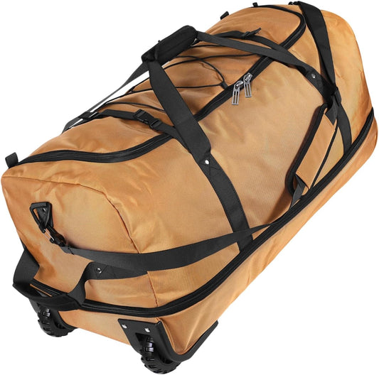 110L Expandable to 140L 32” Foldable Oxford Soft-Sided Rolling Duffle Bag with 2 Heavy-Duty Wheels,3 Large Compartments,Adjustable Shoulder Strap and Attached Organizer Pouch,Coffee