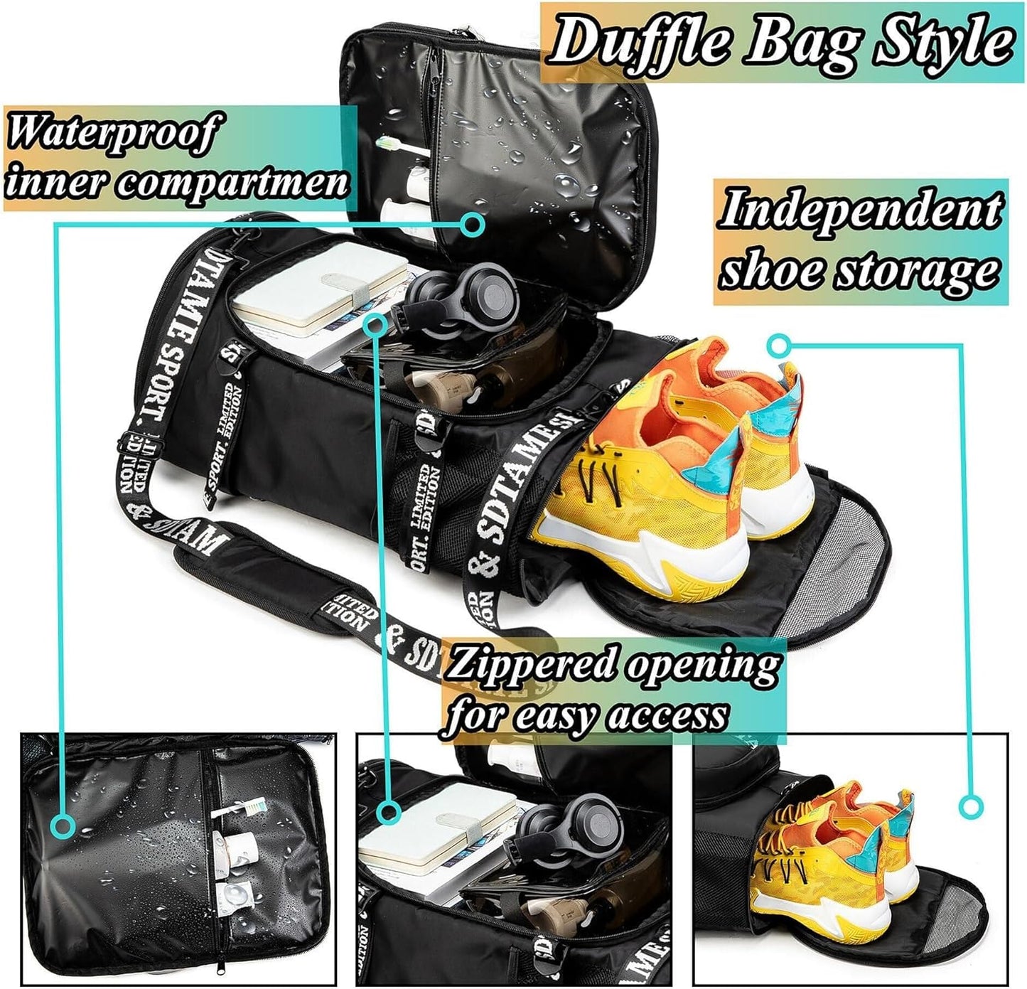 Gym Duffle Bag Backpack with Shoe Compartment,4 ways Travel Backpack for Women and Men,Multi-Functional Weekender bag with Waterproof Layer&Laptop Compartment for Fitness, Travel,Camping