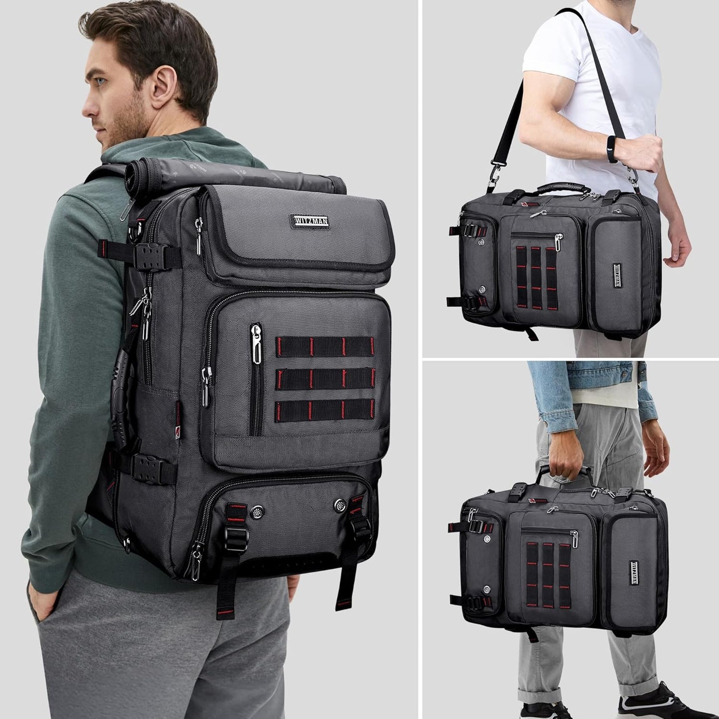 WITZMAN Carry on Travel Backpack for Men Women Airline Approved Convertible Nylon Duffle Backpack Luggage Bag (B682 Silvery Grey)