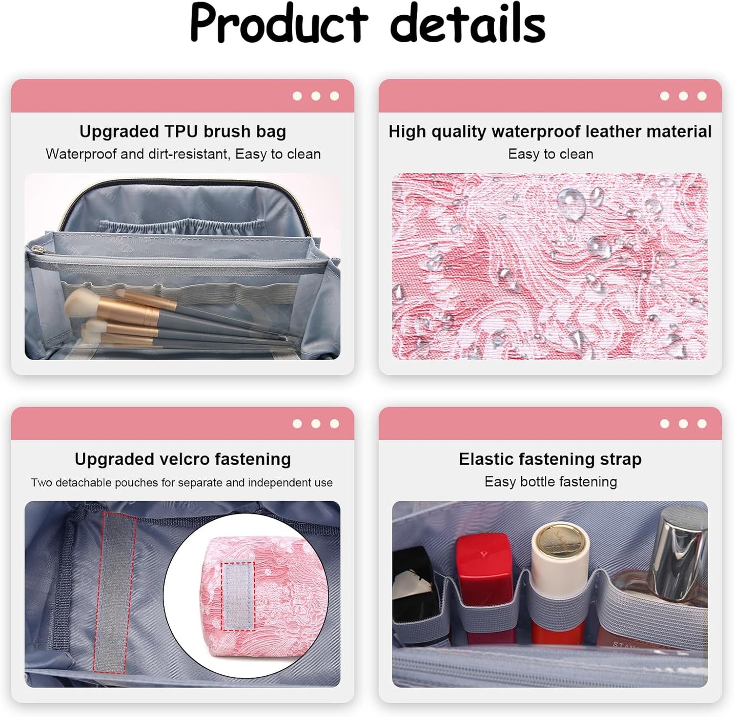 BOYATU Travel Makeup Bag for Women: Large Capacity Make up Bag with Compartments - Vegan Leather Cosmetic Bag set of 3 - Waterproof Toiletry Bag with Handle & Divider(E-4-Pink)