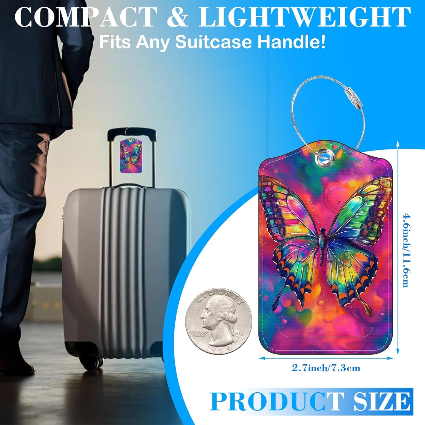 2 Pack Colorful Butterfly Luggage Tags PU Leather Suitcase Tags with Stainless Steel Loop Privacy Cover ID Label for Women Men Travel Bag Accessories