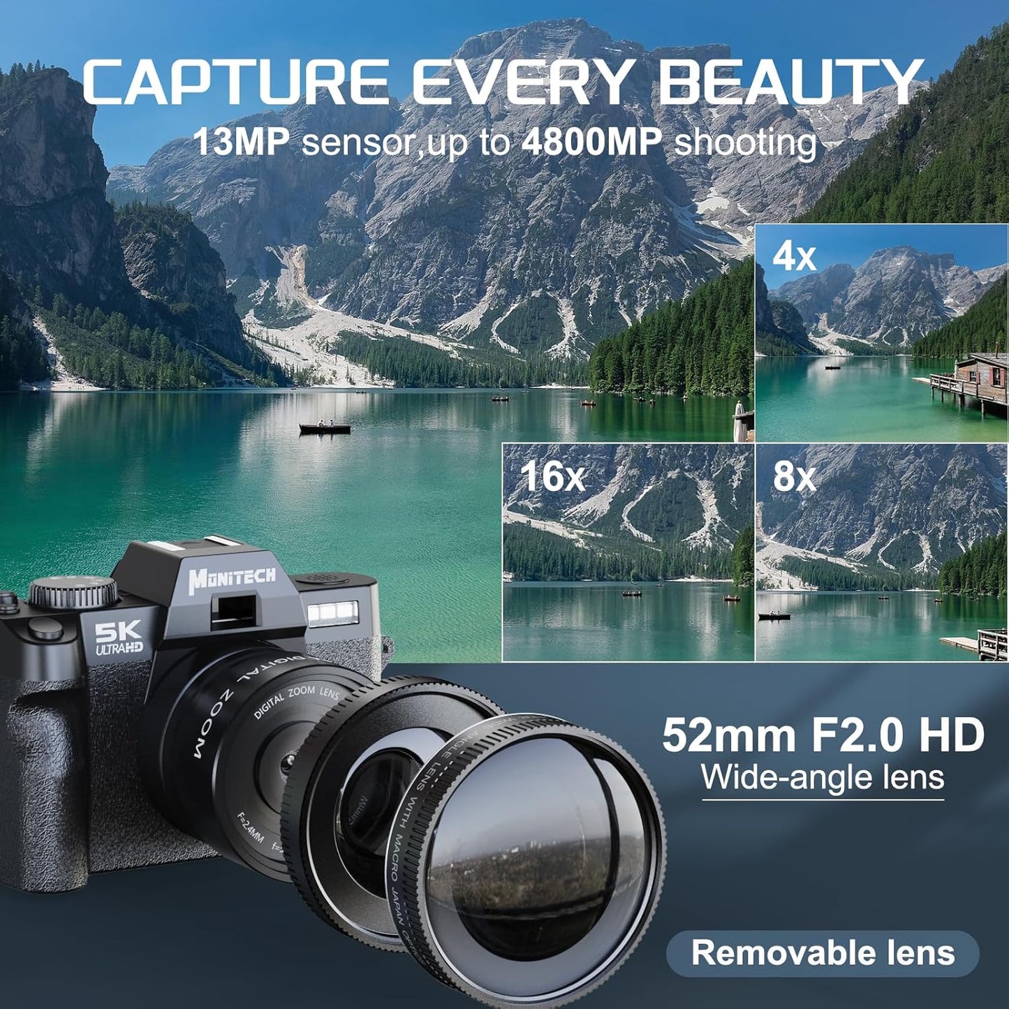 5K Digital Camera, 48MP Cameras for Photography, Vlogging Camera for YouTube with 180° Flip Screen,16X Digital Zoom,52mm Wide Angle & Macro Lens, 2 Batteries, 32GB TF Card
