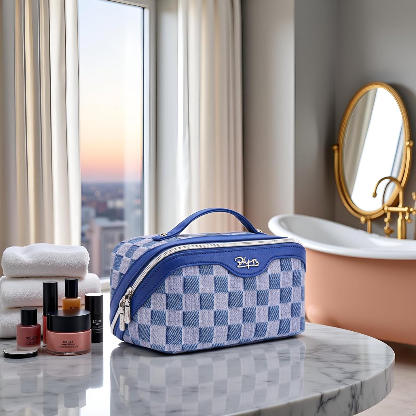 BOYATU Travel Makeup Bag for Women: Large Cosmetic Bag Set of 3 - PU Leather Make up Bag with Compartments - Compact Waterproof Toiletry Bag with Divider & Handle (D-1-Blue)