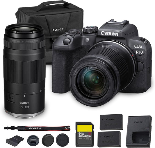 Canon EOS R10 Mirrorless Camera Kit | 24.2MP APS-C Sensor with RF-S 18-150mm Lens | 4K Video Dual Pixel AF Compact Travel Photography (5331C016) + Canon RF 75-300mm Lens + 64GB Card + More