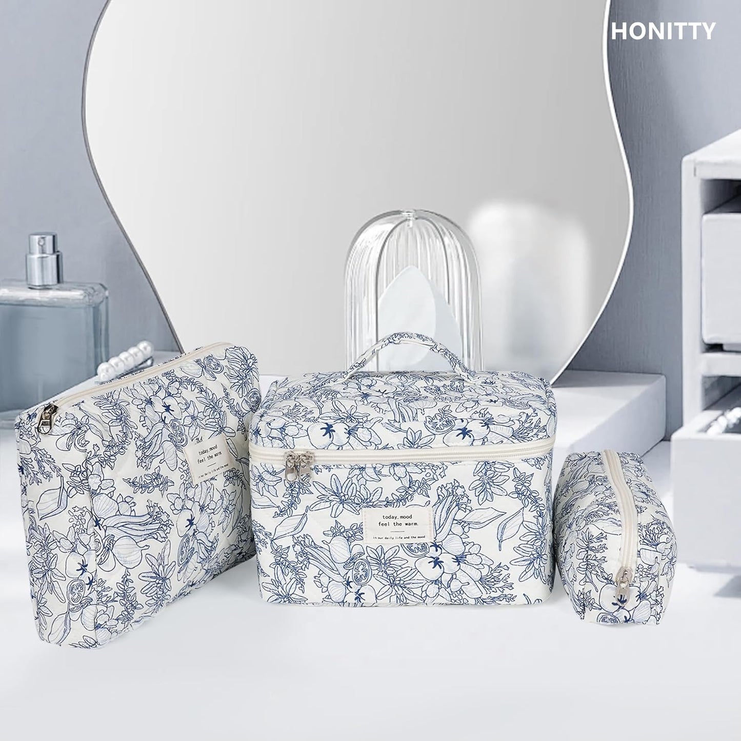 Makeup Bag,Quilted Cosmetic Bags,Large Floral Make Up Organize bag,Makeup Bag Set for Women,Flower Travel Toiletry Bag