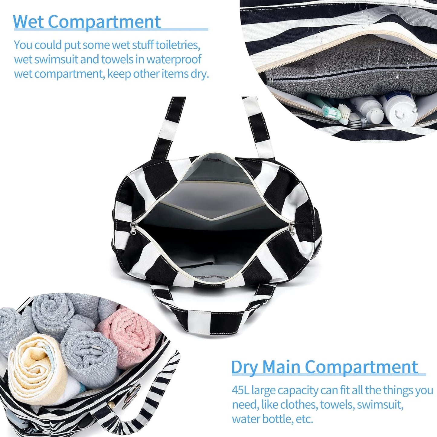 LEDAOU Beach Bag Waterproof Sandproof Women Tote Bag Pool Bag with Zipper for Gym Grocery Travel with Wet Pocket