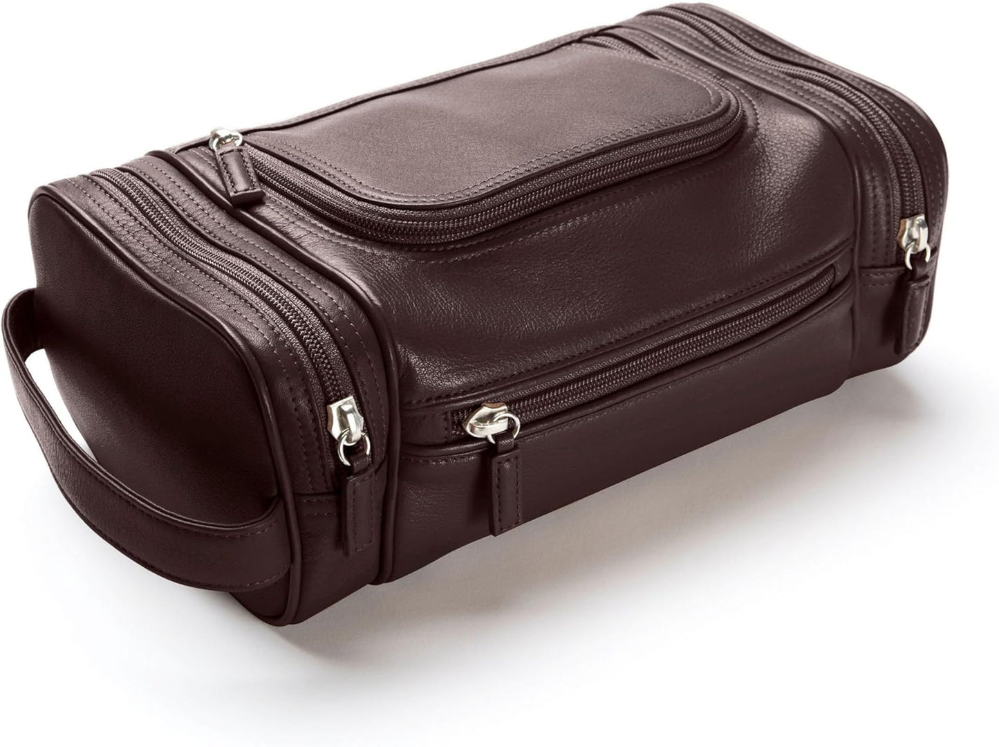 Leatherology Brown Multi Pocket Toiletry Bag - Main top zippered compartment with additional side and front zippered pockets