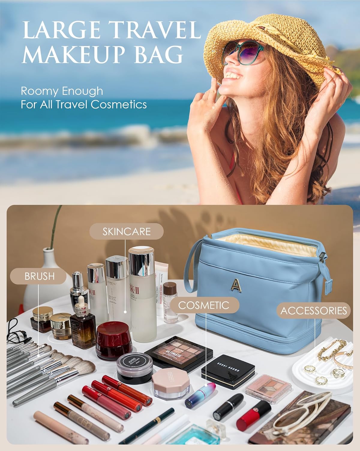 Travel Essentials for Friends Female Mom, Personalized Makeup Bag, Double Layer Cosmetic Bag with Makeup Brush Organizer, Waterproof, Large Capacity PU Leather Toiletry Bag Customized Gifts