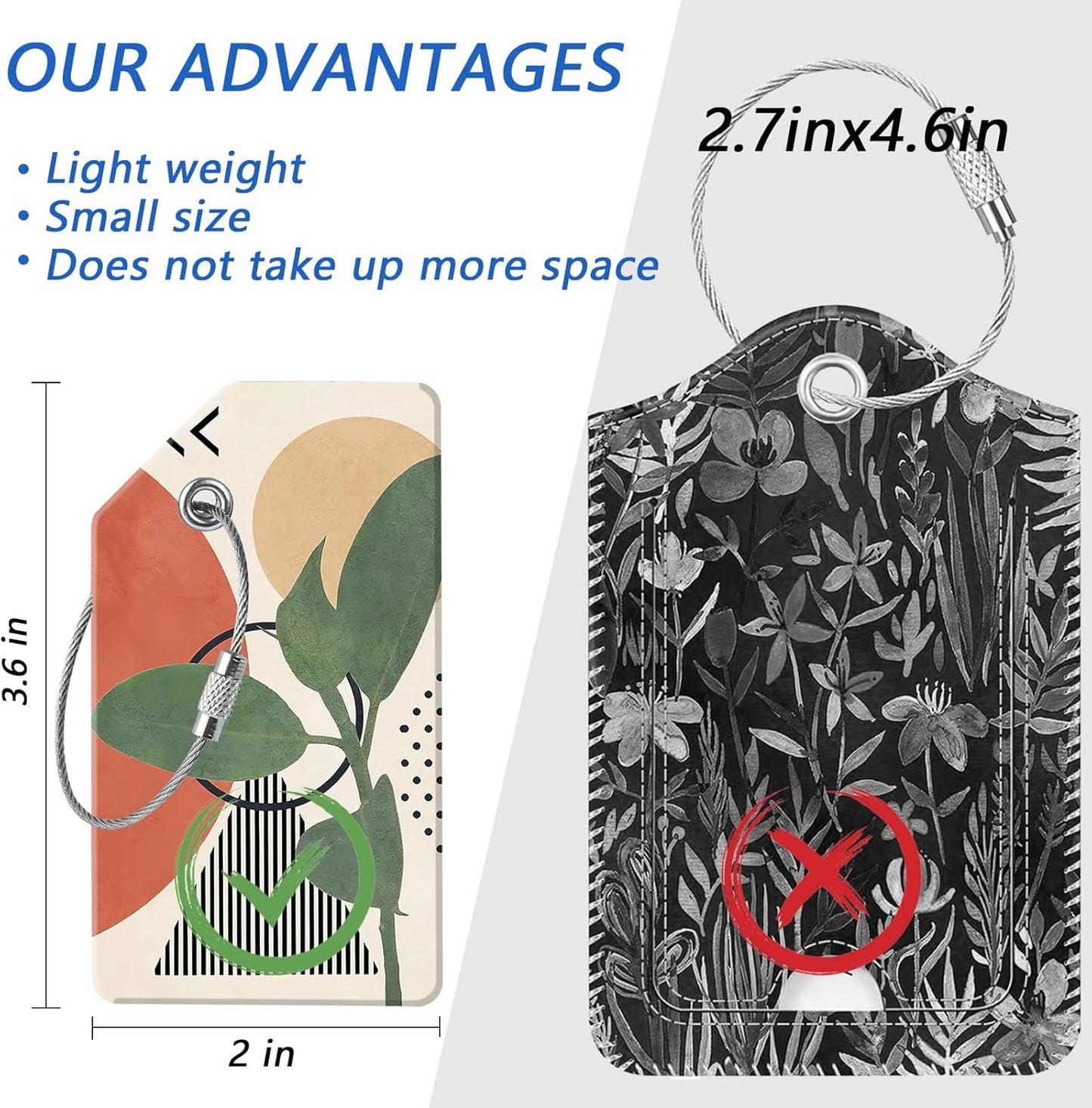 2 Luggage Tags, (1" Smaller Than Traditional) Perfect for Quick Luggage Identification with Stainless Steel Ring and Address Card for Travel and Luggage (Green Leaves)