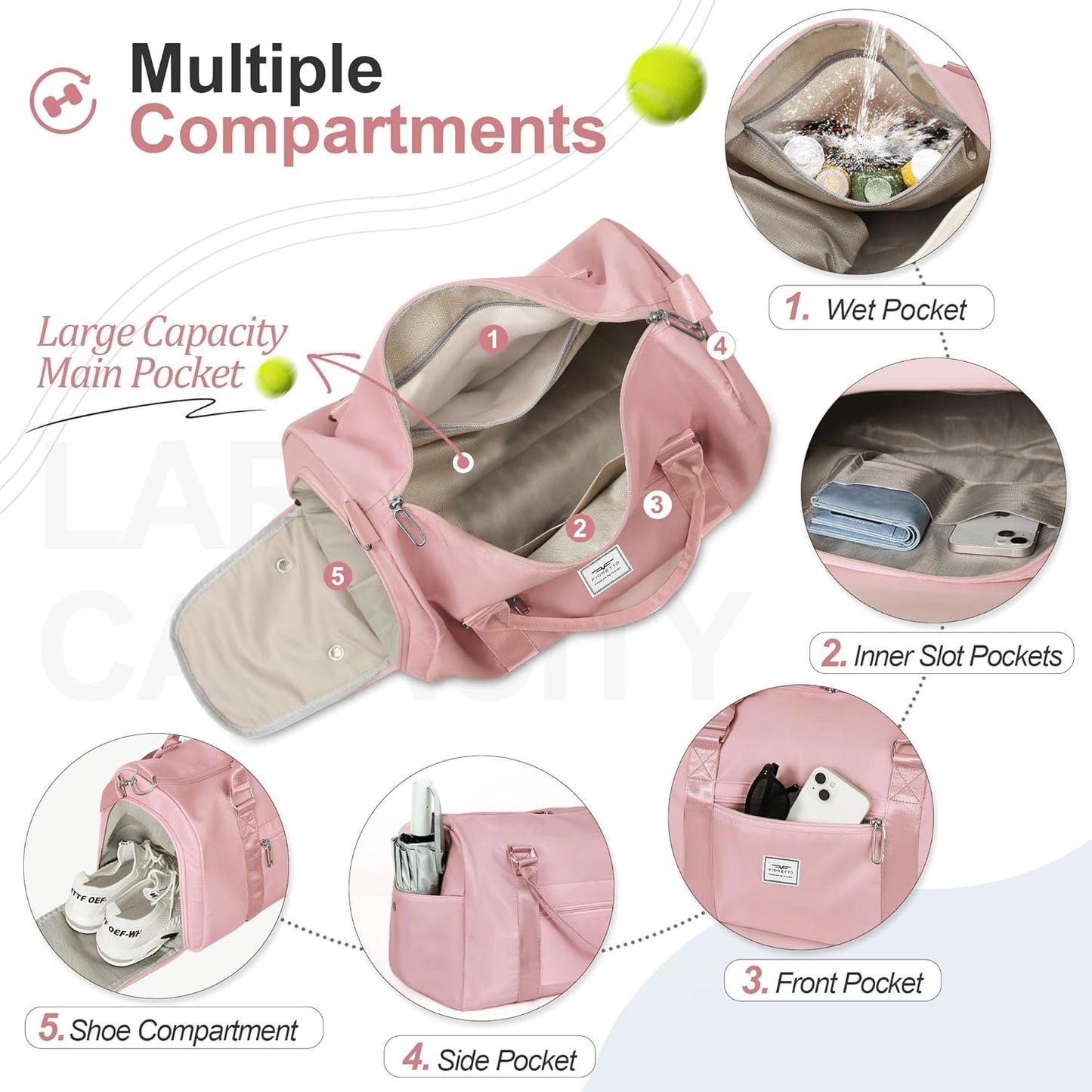 FIORETTO Womens Gym Tote Duffle Bag with Wet Pocket & Shoe Compartment, Sports Duffel Overnight Weekender Hospital Workout Carry on Bag for Girls, Ideal for Travel, Swimming, Dance, Ballet Pink