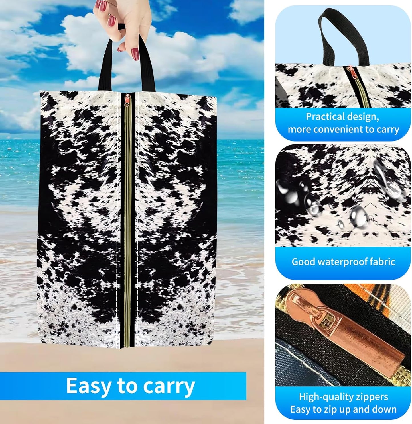 2pcs Shoe Organizer for Travel, Packing Shoe Travel Bags, Cute Shoe Bag with Zipper & Handle, Portable Travel Essentials for Women and Men Black White Cowhide