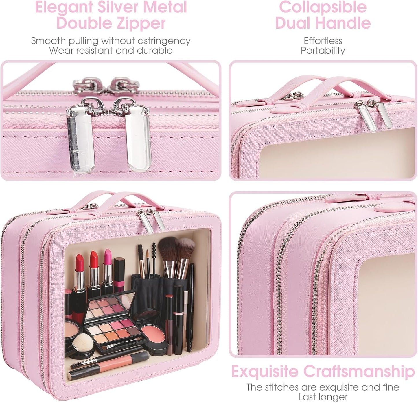 Clear Makeup Bag,Large Toiletry Case for Women,PU Leather Travel Cosmetic Bag,Detachable Makeup Case,Double Compartment Make up Organizer