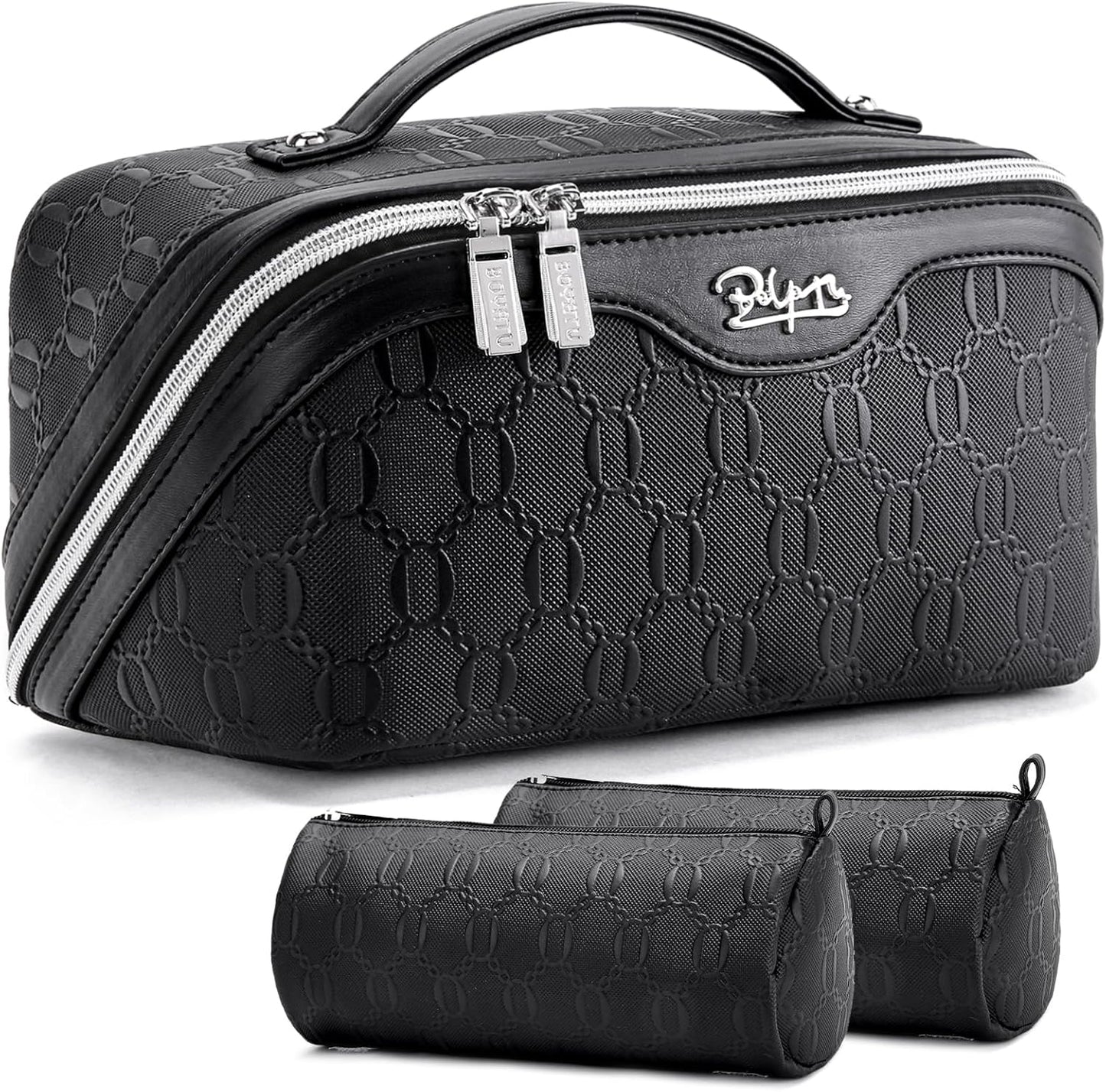 BOYATU Travel Makeup Bag for Women: Cosmetic Organizer Bag with Compartments - Leather Make up Bags Set of 3 (G-4-Black)