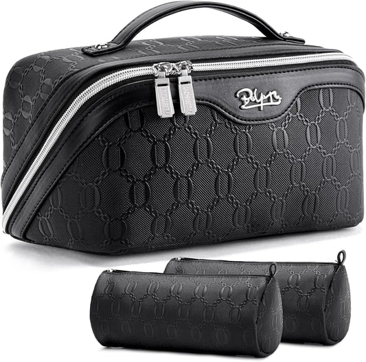 BOYATU Travel Makeup Bag for Women: Cosmetic Organizer Bag with Compartments - Leather Make up Bags Set of 3 (G-4-Black)