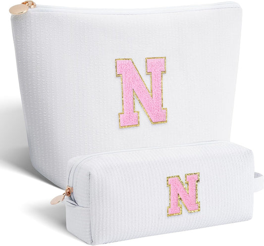 Personalized Makeup Bag for Women Girls - Fashion Cosmetic Bag Trendy Travel Toiletry Bag with Initials Letter - Teen Gifts - White,N