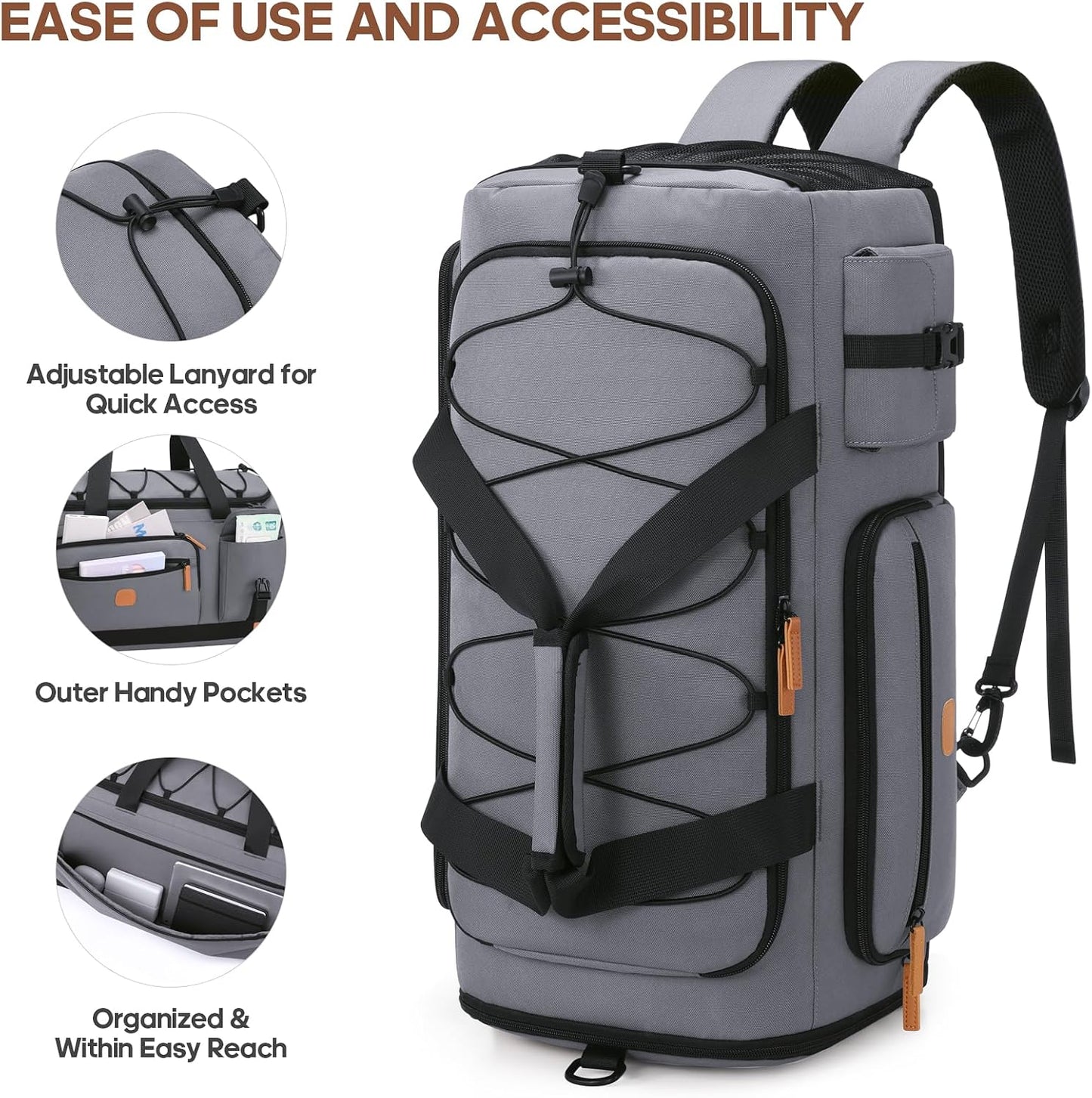 Gym Bag for Men and Women with Shoe & Laptop Compartment, 3-in-1 Sports Travel Duffel Bag Anti-Theft Weekender Carry-On Backpack for Airplane & Workout, Overnight Travel Bag,35L (Dark Grey, Medium)