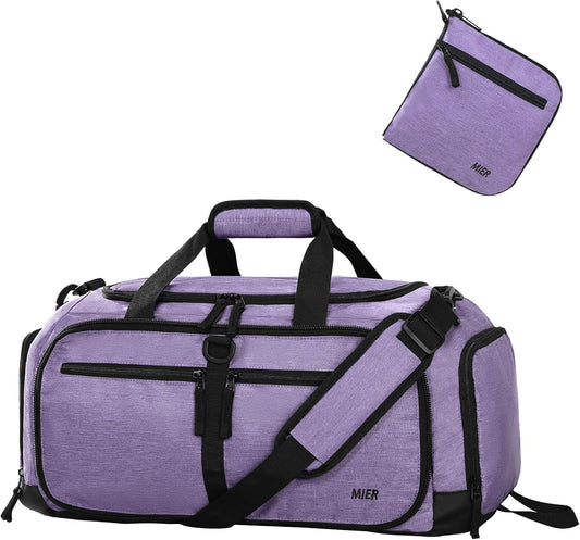 MIER Foldable Duffle Bag with Shoe Compartment 50L Travel Duffel Bags for Men Women Packable Overnight Bag for Camping Gym Weekender, Purple