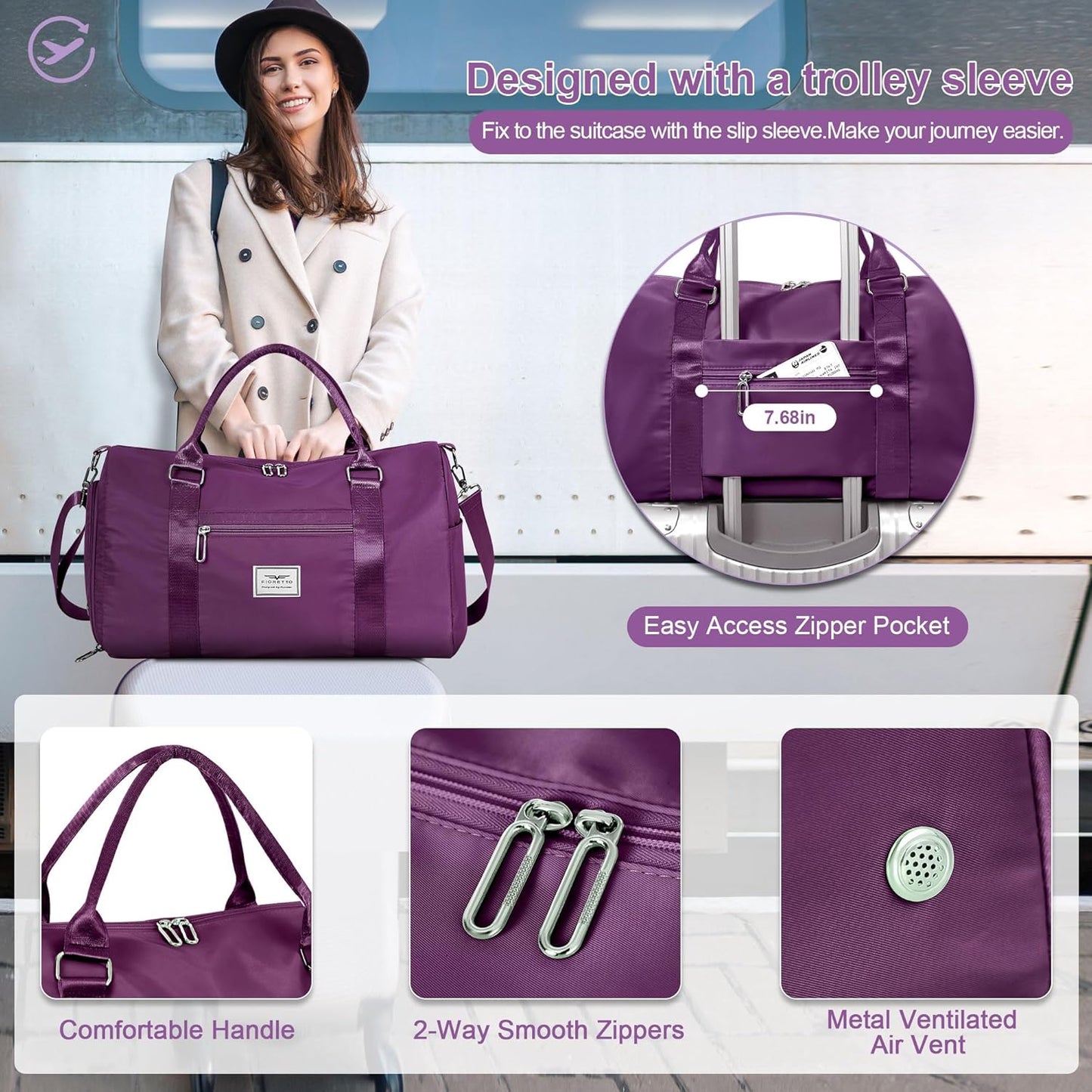 FIORETTO Womens Gym Tote Duffle Bag with Toiletry Bag, Sports Duffel Overnight Hospital Workout Carry on Bag for Girls with Wet Pocket & Shoe Compartment, Ideal for Travel, Swimming, Dance Purple