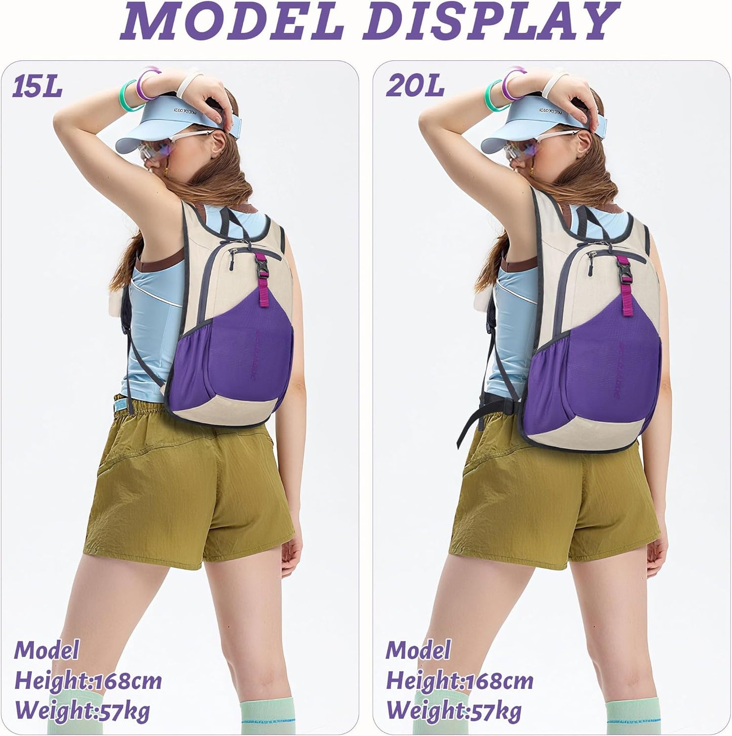 15L Small Hiking Backpack for Men Women Foldable Packable Back Pack Ultralight Hiking Daypack for Travel Camping Outdoor, Beige Purple