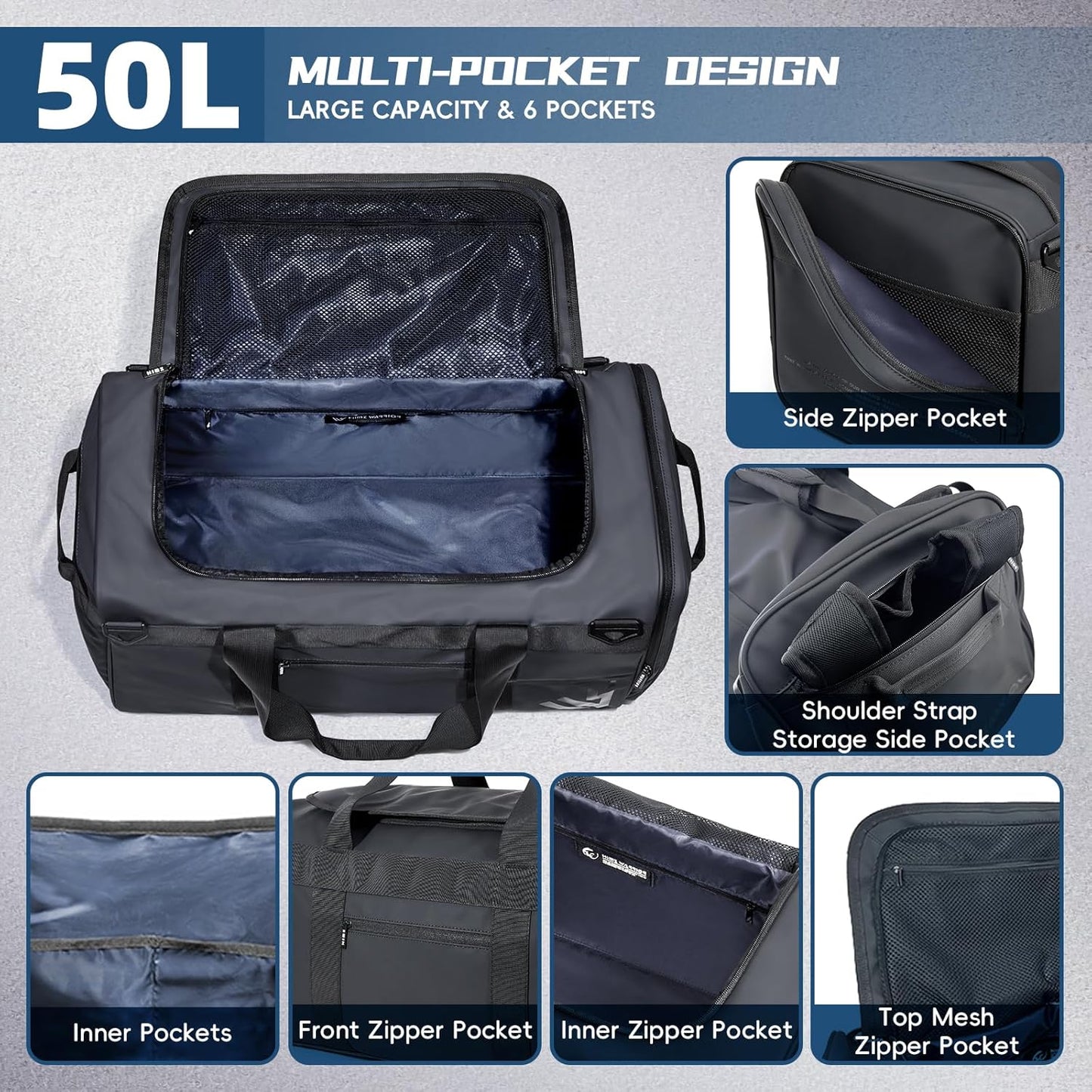 Duffle Backpack Heavy Duty Gym Bag for Men, 50L Convertible Travel Duffel Water Resistant Large Hand Bag for Sport Weekend, Black