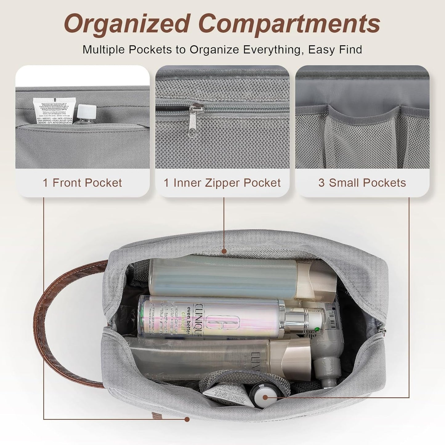 Travel Toiletry Bag for Men, Hanging Toiletry Organizer, Water Resistant Shaving Kit with Large Capacity for Travel Accessories (Grey, Medium)