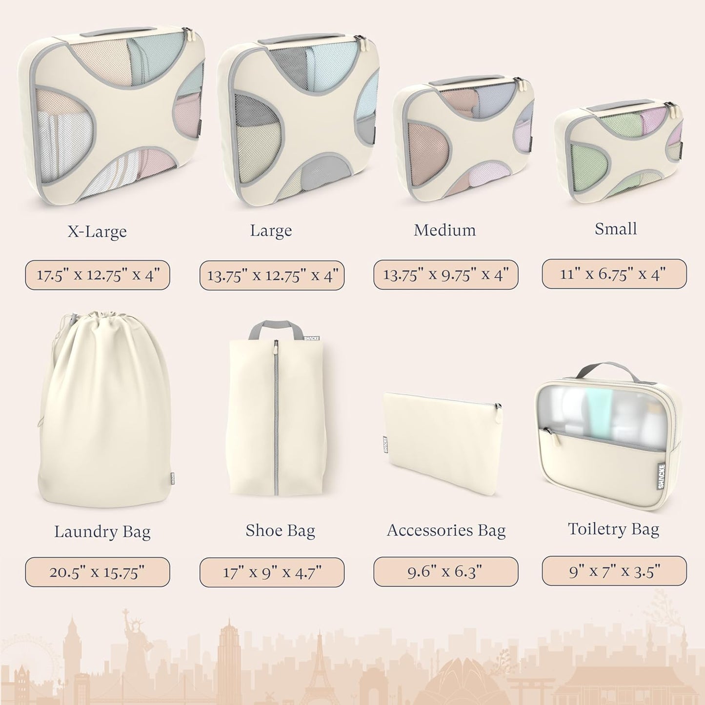 Shacke Premium 8 Packing Cubes Set - Lightweight Mesh Travel Luggage Organizers with Laundry Bag, 8-Piece Suitcase Storage System (Sand)