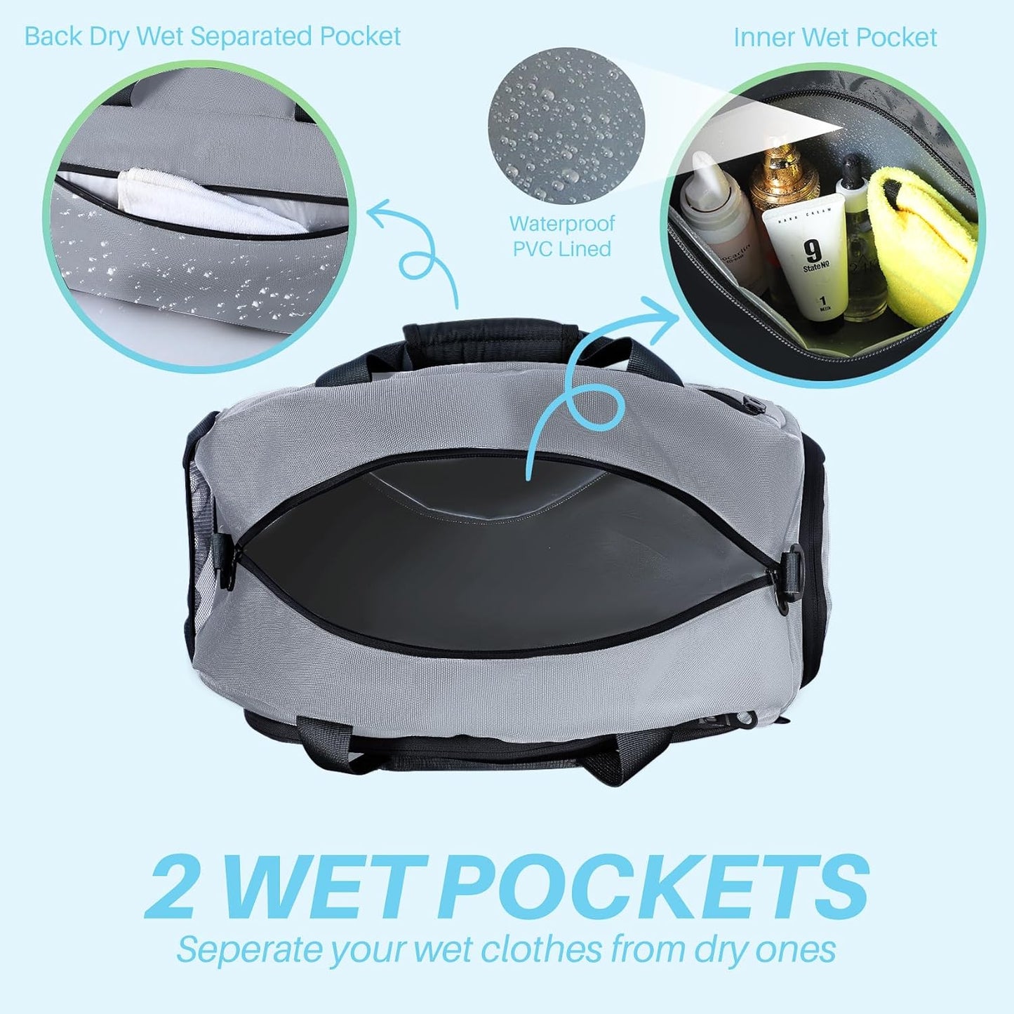 Small Gym Bag with Shoes Compartment & Wet Pocket,Unisex Sport Duffel Bag for Pickleball Paddle,Waterproof Workout Weekender Overnight Bags for Travel Yoga Swimming,Silver Grey