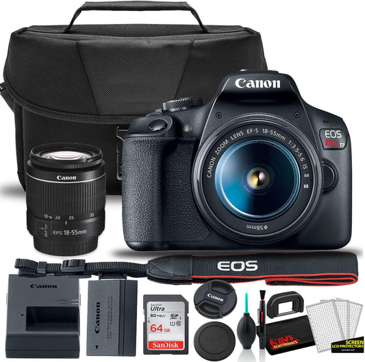Canon EOS Rebel T7 DSLR Camera with 18-55mm Lens Starter Bundle + Includes: Shoulder Bag + 64GB Card + Clean and Care Kit + More (Renewed)