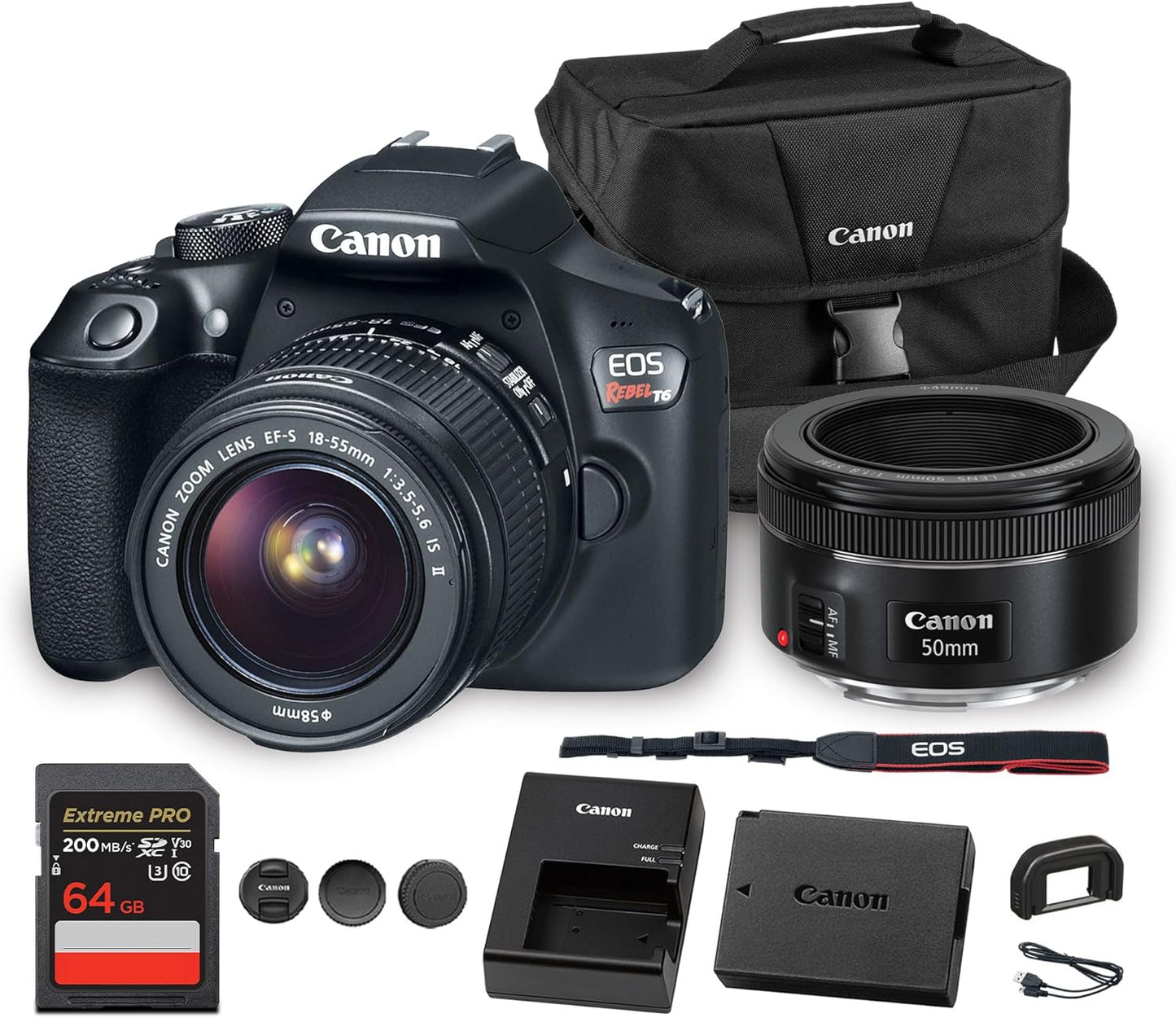 Canon EOS Rebel T6 DSLR Camera with 18-55mm Lens | 18MP APS-C CMOS Sensor, Built-in Wi-Fi & Full HD Video | for Beginners, Travel & Everyday Photography (1159C003) + EF 50mm f/1.8 STM Lens + More