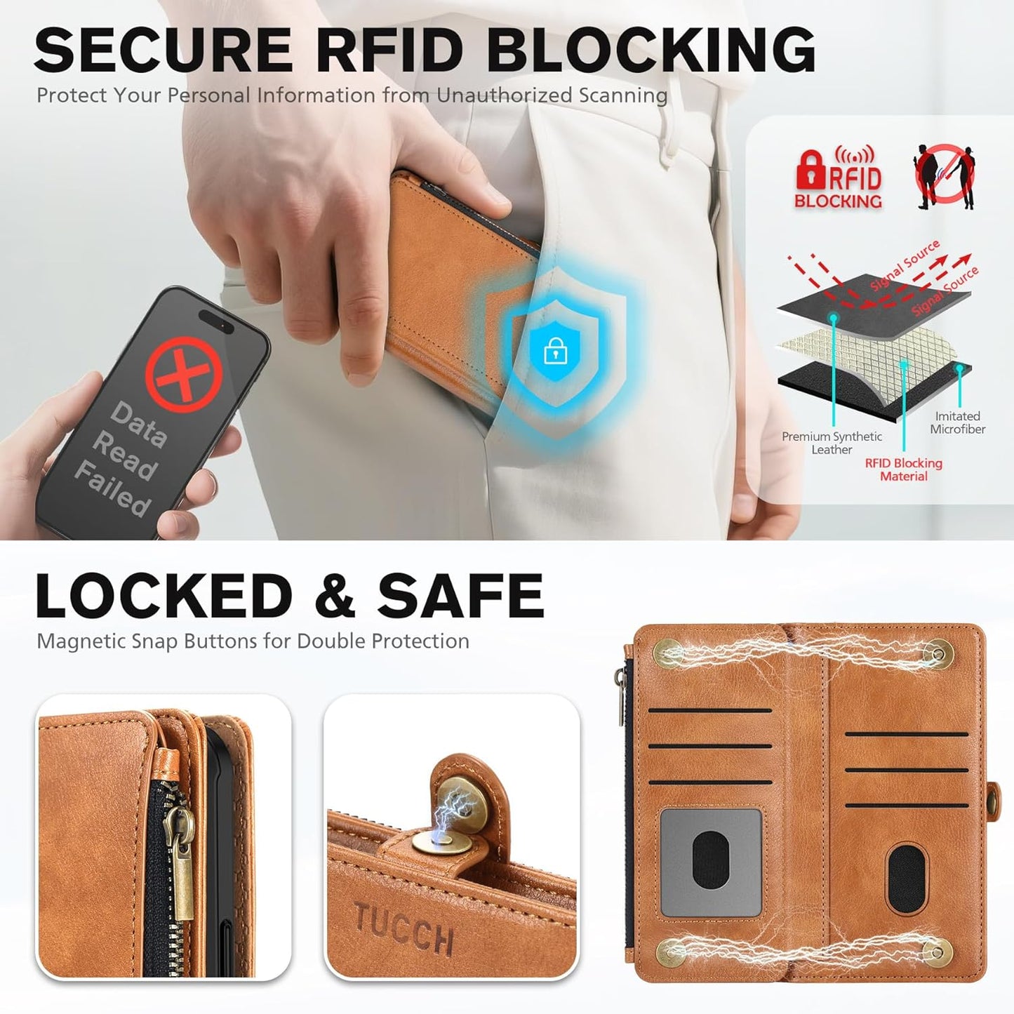 TUCCH Removable Crossbody Case Wallet for iPhone 17 Pro Max 6.9" 2025, Wireless Charging, RFID Blocking 10 Card Slots, Lanyard Wrist Strap, Zipper Pocket, PU Leather, Stand Magnetic Cover, Light Brown