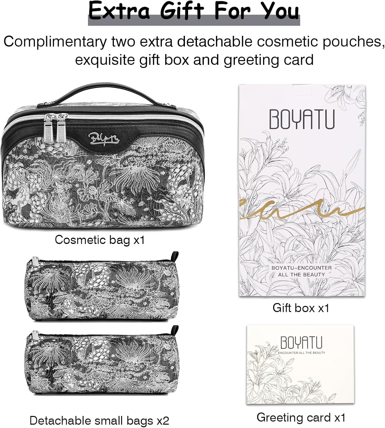 BOYATU Travel Makeup Bag for Women: Large Capacity Make up Bag with Compartments - Vegan Leather Cosmetic Bag set of 3 - Waterproof Toiletry Bag with Handle & Divider(E-2-Black)