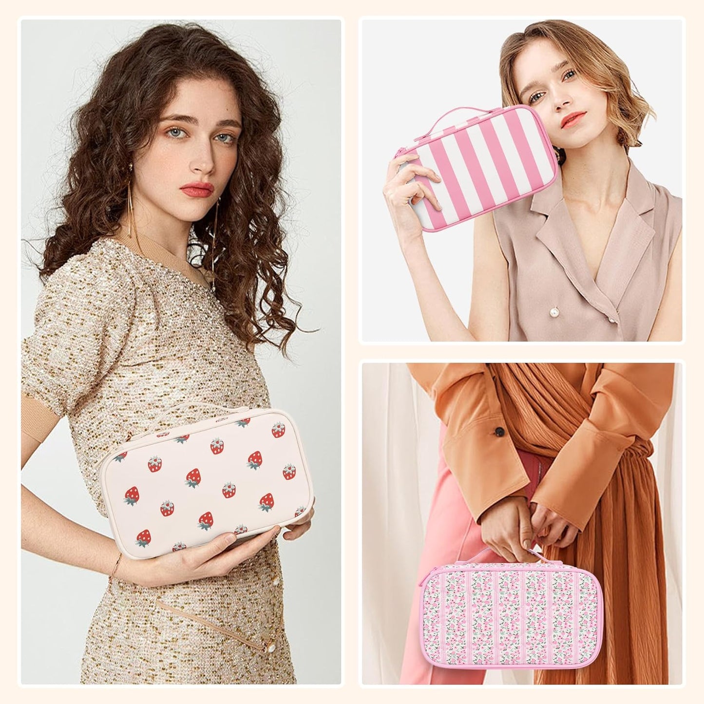 Relavel Makeup Bag, Small Makeup Bag for Women, Travel Cosmetic Bag, 2 Layers Waterproof Makeup Organizer Storage with Makeup Brush Holder, White Straberry