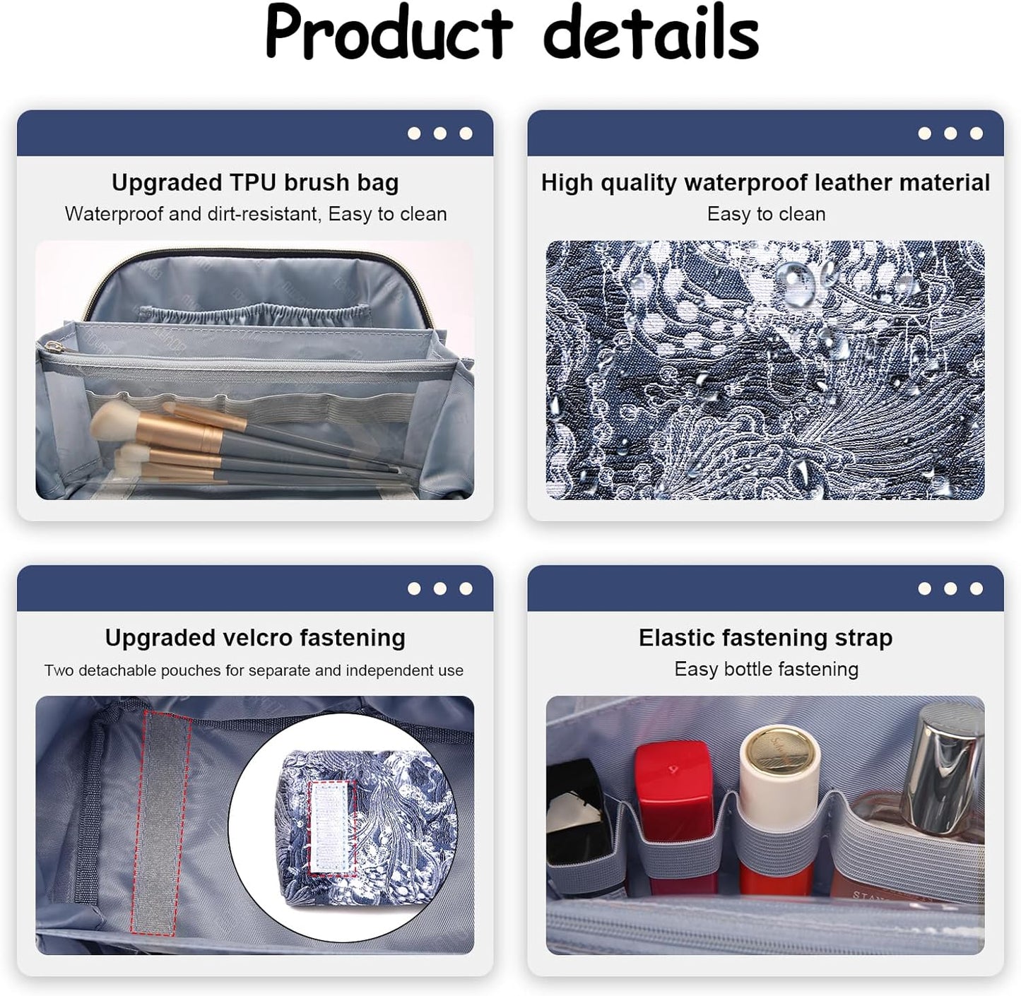 BOYATU Travel Makeup Bag for Women: Large Capacity Make up Bag with Compartments - Vegan Leather Cosmetic Bag set of 3 - Waterproof Toiletry Bag with Handle & Divider(E-3-Blue)