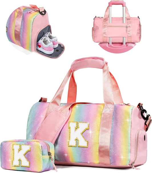 Girls Cheer Up Gifts-Girl Gym Bag with Shoe Compartment, Kid Personalized Weekender Dance Bags, Initial Travel Tote with Makeup Pouch, Graduation Gift for Niece Kids Daughter (Letter K)