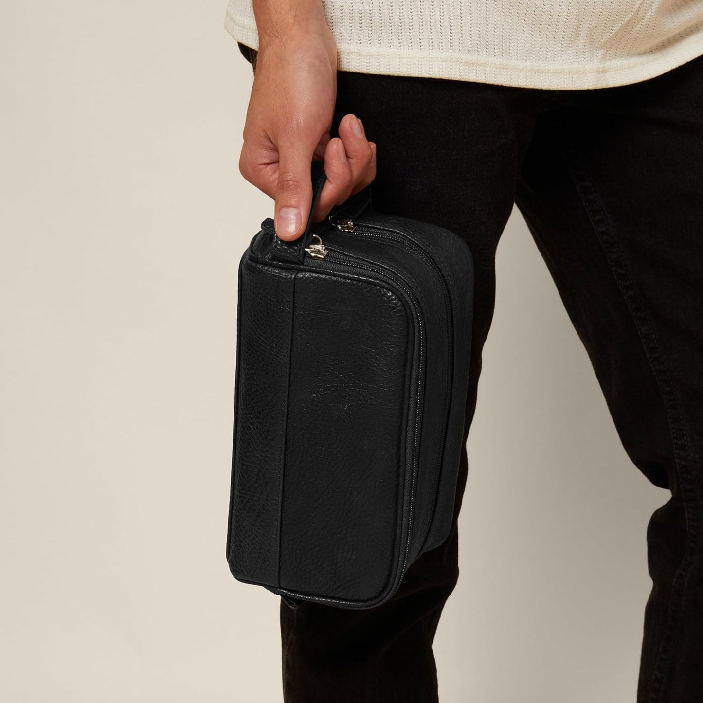 Leatherology Premium Ebony Leather Toiletry Bag – Small Double Zip Dopp Kit – Full Grain Leather Travel Organizer with Water-Resistant Lining – Compact Grooming Bag for Men or Women