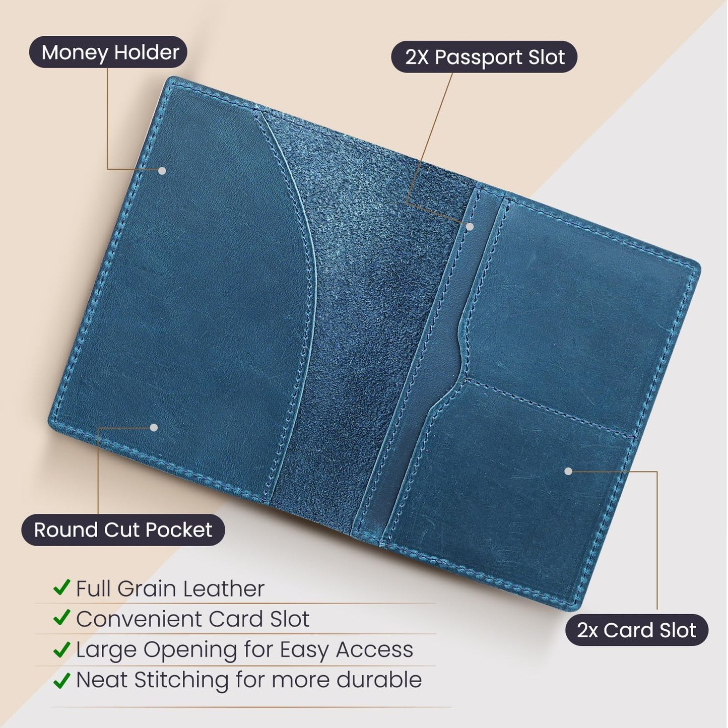 Leather Passport Holder with Travel Wallet, Genuine Leather Passport Cover- Passport Wallet, Leather Folding Wallet for Passports (Oval Cut, Blue)